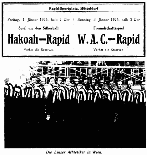 Fußballspielankündigungen für den 1. und 3.1.1926 mit einem Foto der Linzer Athletiker (LASK).