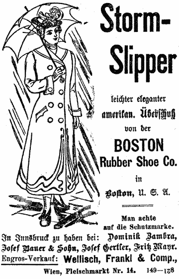 Elegante Dame mit Hut und Regenschirm. Illustrierte Werbung für "Stormslipper", einen Überschuh, der bei schlechtem Wetter zu tragen ist.