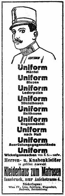 Mann mit geschwungenem Oberlippenbart, in Uniform. Illustrierte Werbung für Uniformen des "Kleiderhauses zum Matrosen" in Innsbruck.