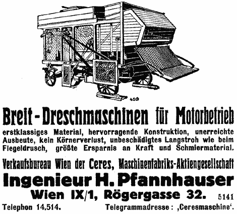 Illustrierte Werbung: Eine Breit-Dreschmaschine für Motorbetrieb der Firma "Ceres".