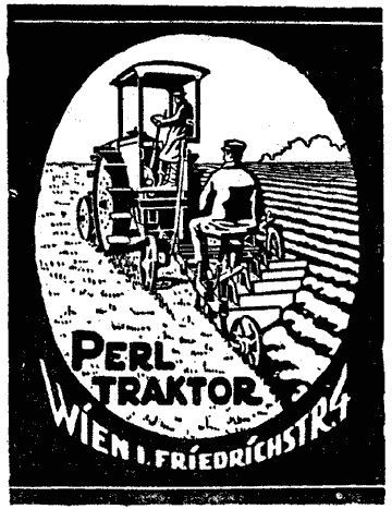 Illustrierte Werbung für "PERL TRAKTOREN": Mann auf Traktor mit Kollegen auf Pflugmaschine.