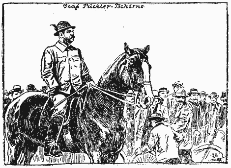 Illustration: Graf Pückler-Muskau im Sattel eines Pferdes, im Hintergrund Männer, dichtgedrängt stehend.