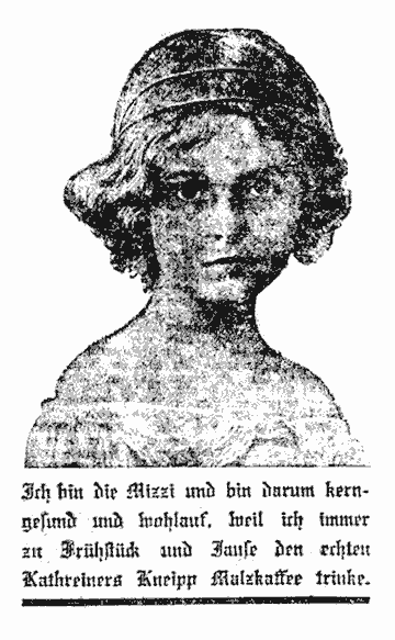 Das Brustporträt eines Mädchens namens "Mizzi" wirbt für "Kathreiners Kneipp Malzkaffee".