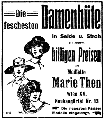 Kopfporträts dreier Damen mit Hut. Illustrierte Werbung für Damenhüte der "Modistin Marie Then".