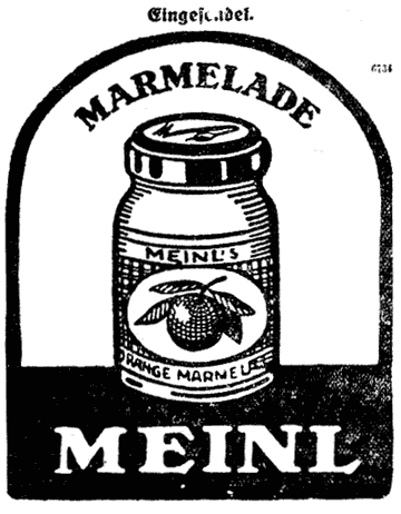 Ein Glas Marmelade, in einem grafischen Bogen platziert. Illustrierte Werbung für "Meinl Marmelade".