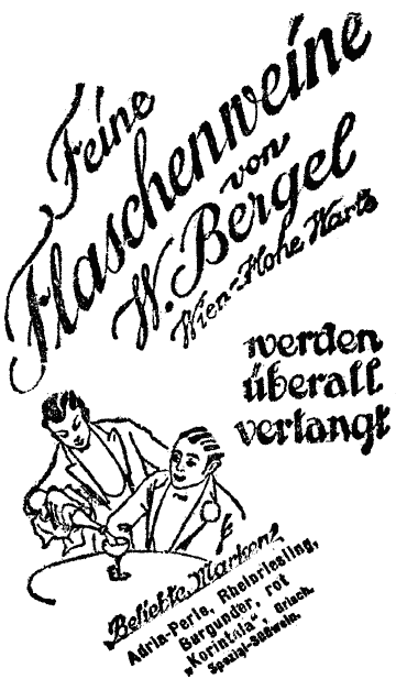 Kellner schenkt einem Gast Wein ein. Historische Weinwerbung von H. Bergel, Wien."