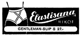 Stilisierter Männertorso mit einem "Gentleman-Slip" von "Elastisana". Illustrierte Werbung.